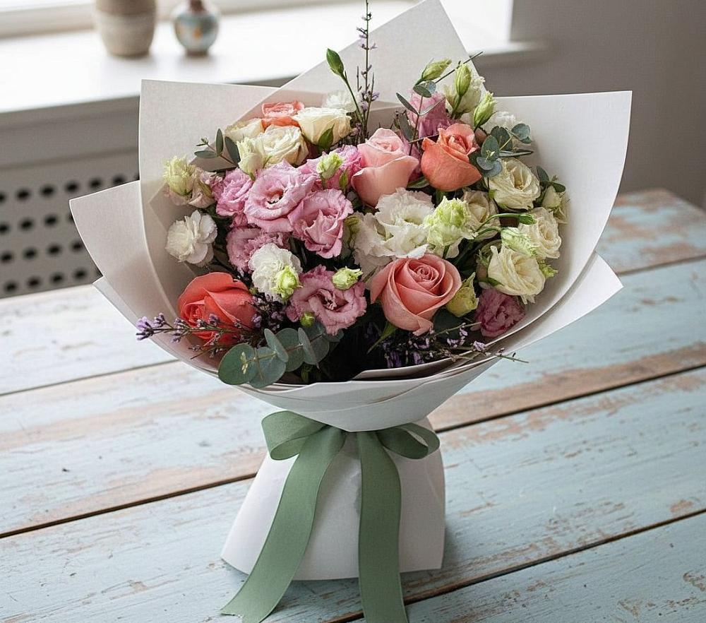 Букет цветов из: Розы, Лизиантусы и Гвоздики в Комсомольске-на-Амуре