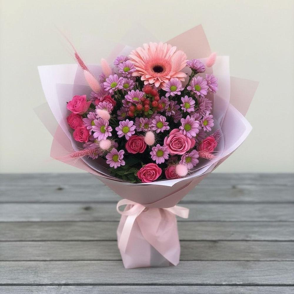 Букет цветов из: Розы, Герберы и Хризантемы в Комсомольске-на-Амуре